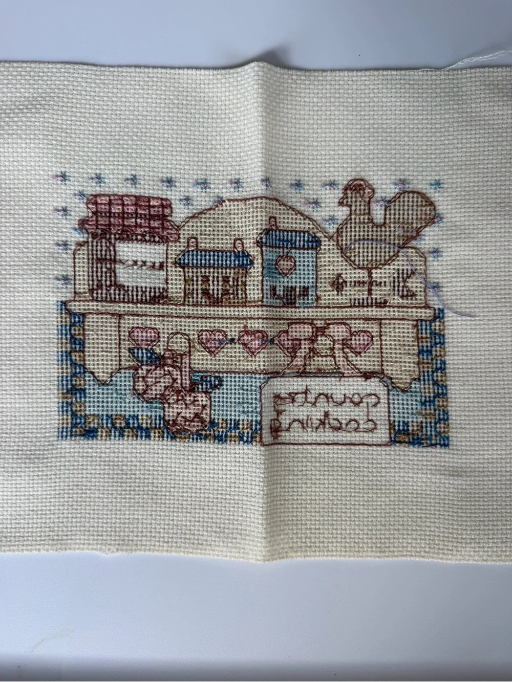 Vintage Hand Crafted Country Kitchen Cross Stitch in Blue, Pink, Brown